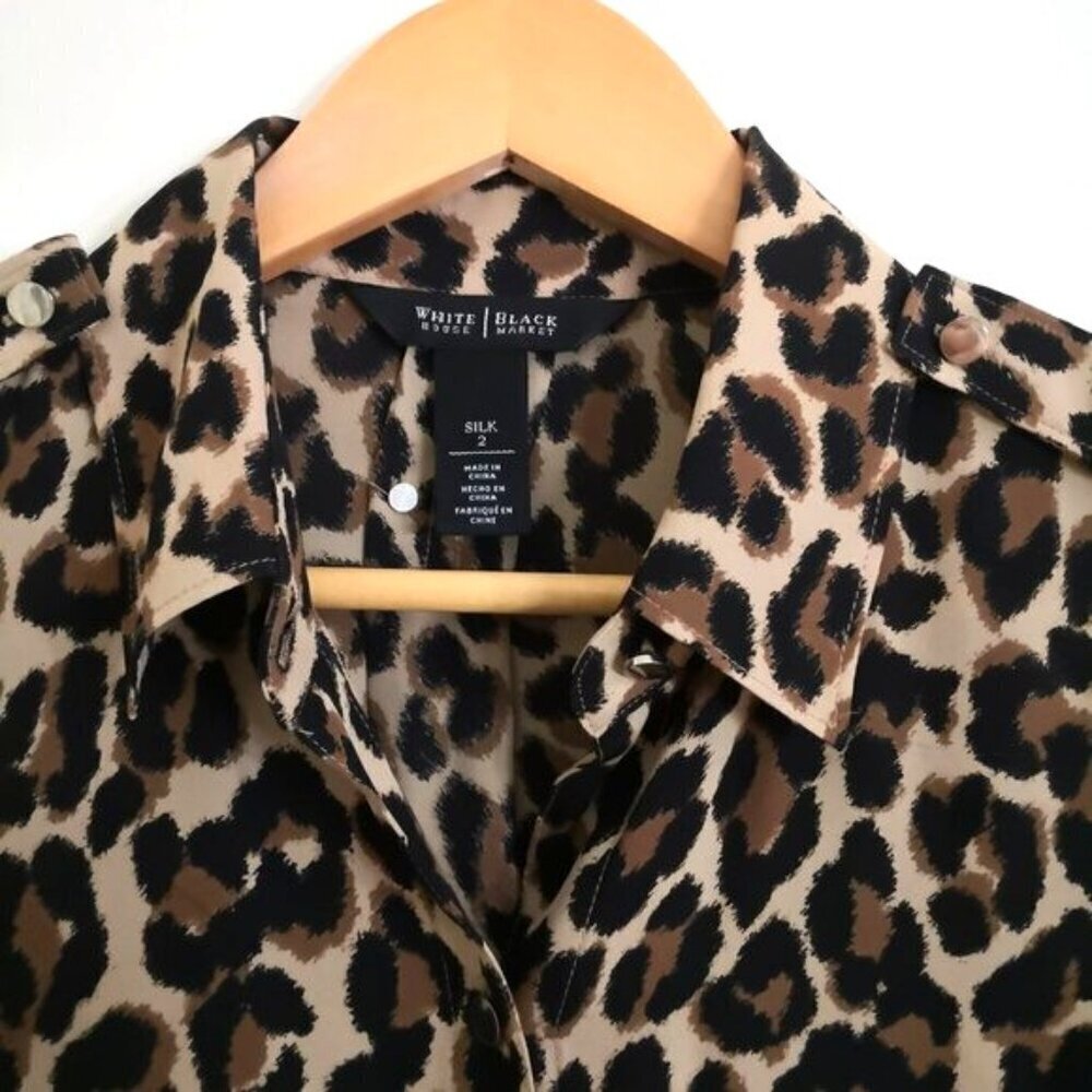WHBM 100% Silk Leopard Print Button Down Shirt Size 2 - Picture 2 of 6